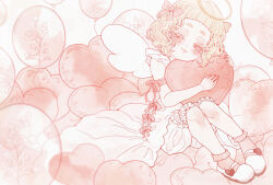 1girl :3 arm_ribbon balloon bloomers blush bow closed_mouth curly_hair dress eyelashes eyeshadow fingernails full_body hair_bow halo happy head_rest highres hug looking_at_viewer makeup medium_hair monochrome one_eye_closed original pink_theme ribbon shoes short_eyebrows sitting socks solo underwear wings yukikoutya