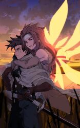 Rule 34 | 2boys, aemono (lemolemo lmn), arms around neck, blood, blood on clothes, blue eyes, brown eyes, brown hair, cape, dirty, dirty face, gloves, glowing, glowing wings, hand on another&#039;s hand, headband, highres, hug, hug from behind, lloyd irving, long hair, male focus, multiple boys, open mouth, pants, scabbard, sheath, short hair, sky, smile, sword, tales of (series), tales of symphonia, weapon, white headband, wings, yaoi, zelos wilder