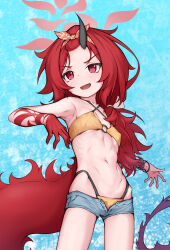 1girl abstract_background bare_arms bikini black_horns blue_archive blue_background blue_shorts bow bow_hairband breasts commentary_request covered_erect_nipples cowboy denim denim_shorts dragon_girl dragon_horns dragon_tail fluffy_hair hair_over_shoulder hairband halo hand_tattoo hands_up highleg highleg_bikini highres horns legs_apart linea_alba long_hair looking_ahead low-tied_long_hair micro_shorts navel nitrus no_shirt o-ring o-ring_bikini open_clothes open_fly open_mouth open_shorts orange_bow orange_hairband red_eyes red_halo red_tattoo renge_(blue_archive) renge_(swimsuit)_(blue_archive) shorts single_horn slit_pupils small_breasts smile smug solo standing stomach swimsuit tail tattoo v-shaped_eyebrows very_long_hair western wristband yellow_bikini