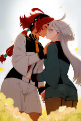 2girls ahoge asticassia_school_uniform blue_jacket blue_shorts blurry blurry_foreground blush brown_pantyhose closed_eyes commentary_request cowboy dark-skinned_female dark_skin flower gundam gundam_suisei_no_majo hairband hand_on_another&#039;s_chest hand_on_another&#039;s_shoulder highres holding_hands jacket kiss long_hair long_sleeves miorine_rembran multiple_girls pantyhose pantyhose_under_shorts ponytail red_hair remote_shiba school_uniform shorts suletta_mercury western white_hair white_jacket white_shorts yellow_flower yuri