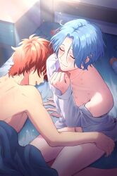 2boys absurdres bed bedroom blanket blue_hair blush closed_eyes closed_mouth forehead hasegawa_langa highres kyan_reki lying male_focus multiple_boys open_clothes open_shirt red_hair scar shirt short_hair sk8_the_infinity sleepy smile topless_male wasabi_irh white_shirt yaoi