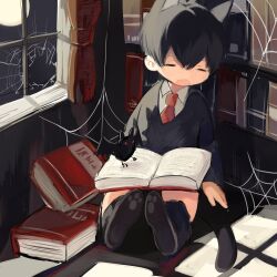 1boy animal_ears bat_(animal) black_hair black_socks black_sweater book book_on_lap bookshelf broken_window cat_boy cat_ears cat_tail closed_eyes collared_shirt commentary_request cotono_(nazekun) curtains fangs full_body full_moon indoors long_sleeves male_focus moon necktie neko-kun_(cotono_(nazekun)) night open_book open_mouth original paw_print red_necktie shirt short_hair silk sitting skin_fangs sleeping socks solo spider_web sweater tail white_shirt