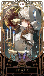 1girl absurdres black_hair blade_to_throat blood blood_on_neck bloody_weapon blue_fire border bow bug butterfly candle cangxi card_(medium) curly_hair cutting dagger death_(tarot) dress english_text facing_up fire from_side gloves gown hair_between_eyes half-closed_eyes hands_up hat hat_bow highres holding holding_candlestand holding_dagger holding_knife holding_weapon imminent_suicide insect isolde_(reverse:1999) juliet_sleeves knife long_hair long_sleeves looking_at_viewer moon_phases puffy_sleeves purple_butterfly purple_eyes reverse:1999 roman_numeral self-harm solo tarot tarot_(medium) tilted_headwear upper_body veil weapon white_bow white_dress white_hat white_veil yellow_border yellow_gloves