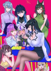 6+girls ahoge alternate_costume animal_ear_fluff animal_ears ascot asymmetrical_horns azki_(hololive) black_hair black_skirt blonde_hair blue_eyes blue_hair blunt_bangs blush book braid breasts brown_eyes brown_hair brown_pantyhose chair choppy_bangs cleavage colored_inner_hair commentary crossed_legs dated demon_horns desk double-parted_bangs dress dress_shirt drooling earrings elf eyelashes fingernails fortissimo full-face_blush glasses green_dress green_eyes hair_between_eyes hair_bun hair_intakes hair_ornament half_up_braid half_updo halter_shirt halterneck hand_on_another&#039;s_face heart heart_ahoge high-waist_skirt highres holding holding_pen hololive hololive_dev_is hololive_english horns jacket jewelry la+_darknesss la+_darknesss_(casual) lapels large_breasts lips long_hair long_sleeves looking_at_another miniskirt mole mole_under_eye mouth_drool multicolored_hair multiple_girls musical_note musical_note_hair_ornament nerissa_ravencroft nerissa_ravencroft_(casual) office_lady official_alternate_costume official_alternate_hairstyle one_side_up ookami_mio open_book otonose_kanade otonose_kanade_(1st_costume) ouro_kronii pantyhose pen pencil_skirt pink_background pink_hair pink_skirt pointy_ears purple_hair red_hair shirt short_hair sidelocks simple_background single_side_bun sitting skirt sleeveless smile standing streaked_hair striped_horns suit_jacket surprised swept_bangs tokoyami_towa turtleneck turtleneck_dress twitter_username virtual_youtuber wolf_ears wolf_girl x_hair_ornament yellow_eyes yukihana_lamy yuri_kyanon