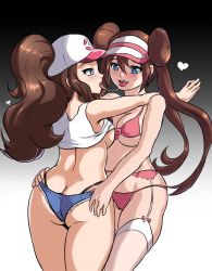 Rule 34 | 2girls, ass, black panties, blue eyes, blush, bra, breasts, brown hair, butt crack, clothes lift, denim, denim shorts, double bun, garter belt, gradient background, hair bun, hat, heart, hilda (pokemon), leonart, long hair, multiple girls, nintendo, panties, pink bra, pink panties, pokemon, pokemon bw, pokemon bw2, ponytail, ribbon, rosa (pokemon), saliva, saliva trail, shirt lift, shorts, sideboob, smile, thong, tongue, tongue out, twintails, underboob, underwear, visor cap, yuri