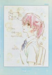 Rule 34 | 1girl, absurdres, alternate hair color, backpack, bag, border, brown eyes, deaf, hearing aid, highres, koe no katachi, long hair, looking at viewer, nishimiya shouko, nishiya futoshi, official art, painting (medium), pink hair, ponytail, school uniform, short sleeves, solo, traditional media, translation request, watercolor (medium)