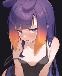 Rule 34 | 1girl, alternate costume, black background, black camisole, blue eyes, blush, breasts, camisole, chahanramen, commentary, gradient hair, highres, hololive, hololive english, long hair, looking at viewer, mole, mole under eye, multicolored hair, ninomae ina&#039;nis, open mouth, orange hair, pointy ears, purple hair, red pupils, revision, sidelocks, simple background, small breasts, solo, strap slip, sweat, tentacle hair, very long hair, virtual youtuber