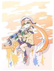 1girl beret blue_necktie blue_skirt blue_socks cardigan closed_mouth collared_shirt e-liter_4k_(splatoon) full_body green_eyes hat highres holding holding_weapon inkling inkling_girl inkling_player_character long_hair long_sleeves looking_at_viewer necktie nintendo orange_hair pleated_skirt pointy_ears red_shoes sen_squid shirt shoes skirt smile sneakers socks solo splatoon_(series) tentacle_hair third-party_source weapon white_hat white_shirt yellow_cardigan