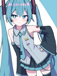 Rule 34 | 1girl, :&lt;, absurdres, annoyed, aqua eyes, aqua hair, aqua nails, aqua necktie, black skirt, black sleeves, black thighhighs, closed mouth, commentary, cowboy shot, detached sleeves, frilled shirt, frills, frown, grey shirt, hair between eyes, hand on own hip, hatsune miku, headset, highres, kaie, long hair, looking at viewer, necktie, number tattoo, shirt, simple background, skirt, sleeveless, sleeveless shirt, solo, tattoo, thighhighs, twintails, very long hair, vocaloid, zettai ryouiki