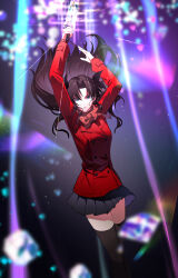 Rule 34 | 1girl, absurdres, arms up, black hair, black skirt, black thighhighs, blue eyes, breasts, crystal sword, fate/stay night, fate (series), floating hair, hair ribbon, highres, holding, holding sword, holding weapon, jacket, light particles, light rays, long hair, looking at viewer, miniskirt, parted bangs, parted lips, pleated skirt, red jacket, red scarf, ribbon, scarf, skirt, solo, sword, thighhighs, thighs, tohsaka rin, two side up, v-shaped eyebrows, very long hair, weapon, xu (akiixuu), zettai ryouiki