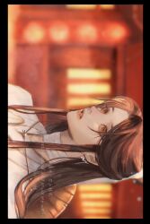 1boy absurdres artist_name bandaged_neck bandages black_border blurry blurry_background border brown_eyes brown_hair chinese_clothes eyelashes hair_ribbon hanfu hat hat_on_back highres lantern long_hair looking_at_viewer male_focus ojisan_rbt parted_lips portrait ribbon rice_hat sidelocks sideways solo tianguan_cifu twitter_username unworn_hat unworn_headwear upper_body watermark white_hanfu white_ribbon xie_lian