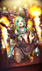 aria_(destiny_child) boots bow bowtie breasts collar cross destiny_child fingerless_gloves fire gloves green_hair guitar instrument knee_boots medium_breasts melpone_(destiny_child) midriff navel orange_hair performance pleated_skirt skirt