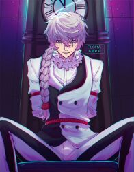 1boy absurdres aqua_eyes arms_behind_back artist_name bishounen bound bound_arms braid bungou_stray_dogs clock commentary evil_smile frills green_eyes hair_between_eyes heterochromia highres instagram_logo long_hair long_sleeves male_focus nikolai_gogol_(bungou_stray_dogs) pants pixiv_logo plcma restrained roman_numeral rope scar scar_across_eye scar_on_face shirt single_braid sitting smile solo spread_legs striped_clothes striped_pants tiktok_logo twitter_x_logo vertical-striped_clothes vertical-striped_pants vest white_hair white_shirt