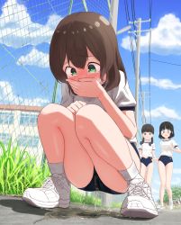 3girls backlighting blue_buruma blue_sky blush breath brown_hair buruma chain-link_fence clenched_hand cloud commission covering_own_mouth day embarrassed female_focus fence full_body grass green_eyes gym_uniform hand_up highres knees_together_feet_apart legs looking_down multiple_girls nose_blush original outdoors pee peeing peeing_self power_lines puddle shirt shoes short_hair short_sleeves sidelocks skeb_commission sky sneakers socks solo_focus squatting tears urabe_miyabi utility_pole water_drop wet wet_clothes white_footwear white_shirt white_socks wide-eyed