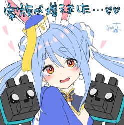 Rule 34 | 1girl, :d, animal ear fluff, animal ears, blue hair, blue hat, blue sleeves, braid, commentary, hat, head tilt, heart, hololive, kiritoma, long hair, long sleeves, looking at viewer, minecraft, multicolored hair, open mouth, qingdai guanmao, rabbit-shaped pupils, rabbit ears, red eyes, signature, simple background, sleeves past fingers, sleeves past wrists, smile, symbol-shaped pupils, tilted headwear, translation request, twintails, two-tone hair, upper body, usada pekora, usada pekora (10th costume), virtual youtuber, white background, white hair