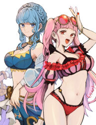 2girls alternate_costume bare_shoulders bikini blue_bikini blue_eyes blue_hair blue_sarong braid breasts cleavage closed_mouth crown_braid eyewear_on_head fire_emblem fire_emblem:_three_houses fire_emblem_heroes highres hilda_valentine_goneril hilda_valentine_goneril_(summer) large_breasts long_hair looking_at_viewer marianne_von_edmund marianne_von_edmund_(summer) medium_breasts multiple_girls navel nintendo off-shoulder_bikini off_shoulder official_alternate_costume open_mouth pink-tinted_eyewear pink_bikini pink_eyes pink_hair sarong smile stomach striped_bikini striped_clothes sunglasses swimsuit tinted_eyewear twintails vertical-striped_bikini vertical-striped_clothes yachimata_1205