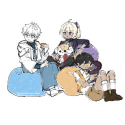 1girl 2boys aged_down asha_in_erinn earan_(mabinogi) eating gorilla highres mabinogi merlin_(mabinogi) multiple_boys ponytail simple_background sitting stuffed_toy treasure_hunter_(mabinogi)