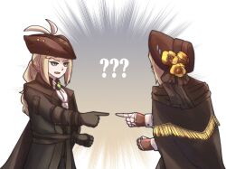 2girls ascot blonde_hair bloodborne coat gloves green_eyes hat hat_feather highres lady_maria_of_the_astral_clocktower long_hair meme miqueliafantasia multiple_girls plain_doll ponytail simple_background tricorne