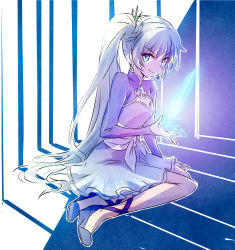 &gt;:) 1girl ankle_lace-up arm_support bare_legs blue_eyes blue_footwear blush cage cleavage_cutout clothing_cutout dagger earrings far_cry far_cry_3 female_focus full_body gem highres hologram iesupa jewelry knife long_hair long_sleeves looking_at_viewer no_socks on_floor outline rwby sash scar scar_across_eye scar_on_face side_ponytail sitting smile solo summoning sword v-shaped_eyebrows very_long_hair weapon weiss_schnee white_hair white_outline yokozuwari