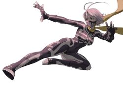 Rule 34 | 1girl, 6maker, absurdres, antenna hair, arika, blue eyes, bodysuit, breasts, covered mouth, fighting ex layer, flying kick, genderswap, highres, kicking, long scarf, scarf, short hair, skeleton costume, skeleton print, skullomania, solo, street fighter, street fighter ex (series), toned, toned female, white background, white hair, yellow scarf