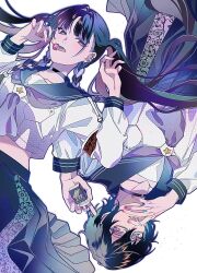 Rule 34 | 2girls, ahoge, armband, barbell piercing, black-framed eyewear, black choker, black hair, blue sailor collar, blue skirt, blunt bangs, braid, breast pocket, candy, choker, cigarette, cigarette pack, collarbone, commentary request, crossed bangs, ear piercing, earrings, eyelashes, fingernails, food, genderswap, genderswap (mtf), glasses, hair between eyes, hair intakes, hands up, highres, holding, holding candy, holding cigarette pack, holding food, holding lollipop, industrial piercing, jewelry, kaburagi (pnoir087), lollipop, long hair, long sleeves, looking at viewer, lying, meloco kyoran, multicolored hair, multiple girls, nail polish, neckerchief, nijisanji, nijisanji en, o-ring, o-ring choker, on back, open mouth, piercing, pink nails, pleated skirt, pocket, purple eyes, purple hair, purple neckerchief, sailor collar, school uniform, seila (shikinagi akira), serafuku, shikinagi akira, shirt, short hair, side braids, simple background, skirt, star (symbol), streaked hair, tongue, tongue out, twin braids, twintails, upside-down, very long hair, virtual youtuber, white background, white shirt