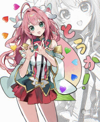 Rule 34 | 1girl, :d, ahoge, bare shoulders, blush stickers, breasts, cowboy shot, detached sleeves, four-finger heart hands, green eyes, heart, heart hands, karewudon, large breasts, long hair, long sleeves, looking at viewer, mihuashi username, miniskirt, open mouth, original, pink hair, pleated skirt, red skirt, shirt, simple background, skirt, sleeveless, sleeveless shirt, smile, solo, two side up, white background, white shirt, white sleeves