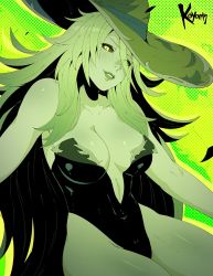 1girl barbariccia bare_shoulders black_sclera breasts colored_sclera colored_skin final_fantasy final_fantasy_xiv green_hair green_skin hair_between_eyes halloween hat highleg highleg_leotard highres koyorin large_breasts leotard long_hair looking_at_viewer parted_lips plunging_neckline solo strapless strapless_leotard witch_hat yellow_eyes