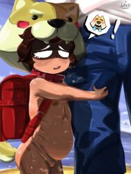 1boy 1girl absurdres ass backpack bag blush brawl_stars breasts brown_hair cleft_of_venus collar dark-skinned_female dark_skin ejavox female_focus flat_chest hat highres huge_filesize leash naked_randoseru nipples nita_(brawl_stars) nude open_mouth pregnant pregnant_loli public_indecency public_nudity pussy randoseru red_bag sex_slave slave small_breasts standing sweat sweatdrop tagme thighs uncensored white_eyes zenra