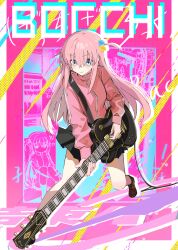 1girl absurdres ankle_socks black_skirt black_socks blue_eyes bocchi_the_rock! border brown_shoes cable character_name chinese_commentary closed_mouth colored_shadow commentary_request cube_hair_ornament drop_shadow electric_guitar eyes_visible_through_hair full_body gotoh_hitori guitar hair_between_eyes hair_ornament hair_over_eyes halftone highres instrument jacket knees_up leaning_forward long_hair long_sleeves miniskirt mixed-language_commentary multiple_views music nervous nervous_sweating one_side_up outside_border pink_background pink_hair pink_jacket playing_guitar playing_instrument pleated_skirt poster_(object) shadow shoes sidelocks sitting skirt socks sweat track_jacket turtleneck turtleneck_jacket uwabaki very_long_hair wavy_mouth white_border xiao_pang_pang_pang_pang_wang zipper