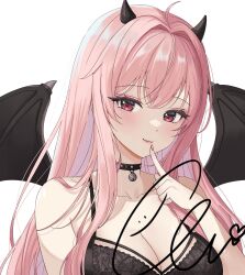 Rule 34 | 1girl, ahoge, bare shoulders, bell, black bra, black choker, black horns, black wings, blush, bra, breasts, choker, cleavage, closed mouth, collarbone, commentary, commission, crossed bangs, demon girl, demon horns, demon wings, ella 7737, english commentary, finger to mouth, hair intakes, hand up, highres, horns, large breasts, long hair, looking at viewer, nail polish, neck bell, original, pink hair, pink lips, pink nails, red eyes, signature, simple background, smile, solo, underwear, upper body, white background, wings