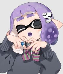 Rule 34 | 1girl, bandaid, bandaid on finger, black eyes, bow, bowtie, collared shirt, colored tongue, fang, green bow, green bowtie, grey background, grey sweater, hair ornament, hairclip, heart, heart hands, highres, inkling, inkling girl, inkling player character, long sleeves, looking at viewer, medium hair, nintendo, one eye closed, open mouth, pink bow, pink bowtie, pointy ears, puffy long sleeves, puffy sleeves, purple hair, purple tongue, sabata saba, shirt, signature, simple background, solo, splatoon (series), striped bow, striped bowtie, striped clothes, sweater, tentacle hair, thick eyebrows, two-tone bow, two-tone bowtie, upper body, white shirt