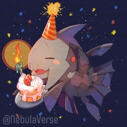 animal_focus cake candle candlelight closed_eyes commission confetti fire fish food fruit full_body gen_3_pokemon hat holding holding_plate nintendo no_humans open_mouth party_hat plate pokemon pokemon_(creature) relicanth solo strawberry twitter_username yasaikakiage