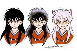 1boy animal_ears bead_necklace beads black_hair brown_eyes clenched_teeth demon_boy dog_boy dog_ears fang fang_out furrowed_brow hair_between_eyes highres inuyasha inuyasha_(character) japanese_clothes jewelry long_hair looking_at_viewer mouyi multiple_views necklace orange_eyes pointy_ears portrait red_shirt shirt sidelocks signature slit_pupils smirk solo teeth tooth_necklace transformation white_background white_hair