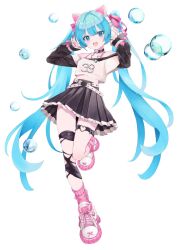 1girl 39 animal_ear_headphones animal_ears belt black_skirt blue_eyes blue_hair bubble cat_ear_headphones crop_top cute_x_subculture_hatsune_miku_design_contest fake_animal_ears fashion hashtag-only_commentary hatsune_miku headphones highres long_hair looking_at_viewer midriff pink_socks pleated_skirt rhinestone shirt shoes simple_background skirt sneakers socks solo standing standing_on_one_leg takepon1123 thigh_strap twintails very_long_hair vocaloid white_background white_shirt white_shoes y2k_fashion