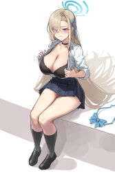 1girl absurdres asuna_(blue_archive) asuna_(school_uniform)_(blue_archive) asymmetrical_bangs black_bra black_choker black_shoes black_skirt black_socks blue_archive blue_bow blue_bowtie blue_eyes blue_halo blue_nails blue_ribbon blush bow bowtie bra breasts brown_hair choker cleavage closed_mouth collared_shirt commentary dress_shirt embarrassed eyes_visible_through_hair full_body hair_over_one_eye hair_ribbon halo highres ksksksa lace lace-trimmed_bra lace_trim large_breasts legs_together loafers long_hair looking_at_viewer miniskirt nail_polish open_clothes open_shirt pleated_skirt ribbon shirt shoes simple_background sitting skirt socks solo sweatdrop underwear unworn_bowtie veins veiny_breasts wavy_mouth white_background white_shirt wing_collar