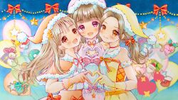 3girls :d balloon bell belt blunt_bangs bow bracelet brown_hair capelet center_frills choker christmas christmas_stocking christmas_tree closed_mouth colored_pencil_(medium) earrings frills fur-trimmed_capelet fur_choker fur_trim gift gloves hat heart heart_hands high-waist_skirt highres holly jewelry lilylily0601 long_hair low_ponytail multiple_girls open_mouth orange_eyes orange_gloves orange_headwear orange_santa_costume original pink_bow pink_eyes pink_gloves pink_headwear pink_santa_costume pink_skirt ponytail red_bow red_choker santa_costume santa_hat shirt skirt smile snowman star_(symbol) star_earrings star_ornament straight_hair symmetrical_hand_pose traditional_media white_shirt yellow_belt yellow_eyes yellow_gloves yellow_headwear yellow_santa_costume yellow_shirt