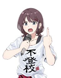 1girl blue_eyes brown_hair girls_band_cry highres iseri_nina kuroerei low_twintails microphone open_mouth shirt short_hair short_twintails twintails white_background white_shirt