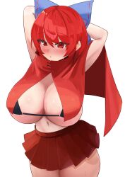 1girl absurdres arms_behind_head arms_up black_bra blue_bow bow bra breasts cleavage cloak commentary_request cowboy_shot hair_bow highres huge_breasts navel pleated_skirt red_eyes red_hair red_skirt sekibanki shinonome_zakuro short_hair simple_background skirt solo touhou underwear white_background