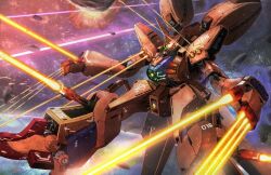 artist_request asteroid battle beam_cannon cable energy energy_beam explosion exposed_internal_machinery finger_cannon firing geymalk gundam gundam_zz machinery mecha mecha_focus mobile_suit nebula neo_zeon no_humans one-eyed realistic robot science_fiction space star_(sky)