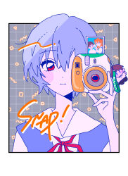 Rule 34 | 1boy, 2girls, ayanami rei, blue dress, blue hair, border, brown hair, camera, charm (object), dress, grid background, highres, holding, holding camera, ikari shinji, interface headset (evangelion), light smile, long hair, looking at viewer, memphis design, multiple girls, neon genesis evangelion, outside border, photo (object), pinafore dress, red eyes, school uniform, shirt, short hair, sleeveless, sleeveless dress, souryuu asuka langley, tokyo-3 middle school uniform, user aker2847, white border, white shirt
