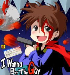 1boy animification apple blood brown_hair cape error_message finger_on_trigger food fruit gun hair_between_eyes happy i_wanna_be_the_guy kurosuema male_focus microsoft_windows moon night short_hair smile solo spikes star_(symbol) the_kid weapon