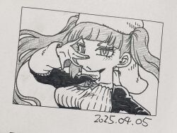 1girl 2025 :&lt; alternate_breast_size black_dress bleach blush breasts chibi dated dokugamine_riruka dress fingernails hanya_(hanya_yashiki) hat large_breasts long_hair looking_at_viewer monochrome nail_polish photo_(medium) simple_background solo traditional_media tsundere twintails very_long_hair white_background