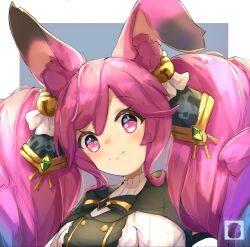 1girl animal_ears bell black_eyes blue_eyes breasts cleo_(dragalia_lost) cleo_(gala)_(dragalia_lost) dragalia_lost gradient_hair highres multicolored_eyes multicolored_hair pink_hair purple_eyes rabbit_ears signature smile solo umuroo_draws
