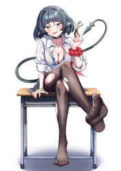 1girl absurdres animal_ears banknote black_choker black_hair black_pantyhose blush breasts choker cleavage comaya crossed_legs desk green_eyes highres holding holding_money jane_doe_(zenless_zone_zero) looking_at_viewer money mouse_ears mouse_girl mouse_tail on_desk open_clothes open_shirt pantyhose red_nails red_scrunchie school_desk scrunchie sharp_tail shirt simple_background sitting solo tail torn_clothes torn_pantyhose white_background white_shirt wrist_scrunchie zenless_zone_zero
