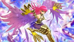 001areeg 1girl armband armor bare_shoulders bikini_armor breasts claw_(weapon) claws cleavage cleavage_cutout clothing_cutout collarbone collared_halterneck duel_monster feathered_wings feathers flying gradient_hair green_eyes halterneck harpie_lady harpy highres large_breasts long_eyebrows long_hair looking_at_viewer monster_girl multicolored_hair naughty_face needle pink_hair purple_feathers solo sparkle spikes tail third-party_edit weapon wings yu-gi-oh!