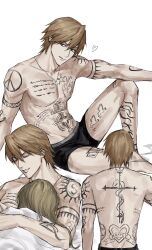Rule 34 | 1boy, 1other, arm tattoo, back, back tattoo, black male underwear, brown eyes, chest tattoo, cigarette, collarbone, commentary, cross, cross necklace, everyday host, heart, heart tattoo, highres, jewelry, leg tattoo, male focus, male underwear, mouth hold, multiple tattoos, necklace, no nipples, orange hair, pectorals, ryouichi (everyday host), short hair, shoulder tattoo, simple background, sitting, solo focus, sso s, stomach tattoo, symbol-only commentary, tattoo, teeth hold, tongue, tongue out, underwear, underwear only, white background