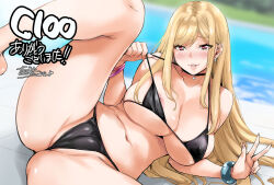 Rule 34 | 1girl, alternate breast size, barbell piercing, bare shoulders, bikini, black bikini, black choker, blonde hair, blurry, blurry background, blush, bracelet, breasts, cameltoe, choker, collarbone, ear piercing, earrings, female focus, gyaru, industrial piercing, jewelry, kitagawa marin, large breasts, long hair, looking at viewer, navel, nipple slip, nipples, outdoors, piercing, red eyes, smile, solo, sono bisque doll wa koi wo suru, spread legs, swimsuit, takurou