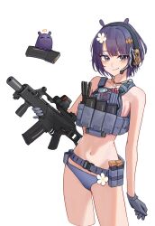1girl absurdres adapted_costume ammunition_pouch assault_rifle bikini bob_cut bulletproof_vest chrispy_tuna closed_mouth commentary english_commentary flower gloves grey_bikini grey_eyes grey_gloves gun h&amp;k_g36 hair_flower hair_ornament headset highres holding holding_gun holding_weapon hololive hololive_english holster jewelry looking_at_viewer magazine_(weapon) navel necklace ninomae_ina&#039;nis ninomae_ina&#039;nis_(holonatsu_paradise) official_alternate_hairstyle pointy_ears pouch purple_hair rifle short_hair smile solo stomach swimsuit takodachi_(ninomae_ina&#039;nis) virtual_youtuber weapon
