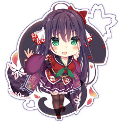 1girl black_hair breasts chibi emil_chronicle_online familiar frilled_skirt frills green_eyes hair_ornament japanese_clothes kiyohime_lore large_breasts open_mouth pantyhose skirt standing yumemiya_subaru