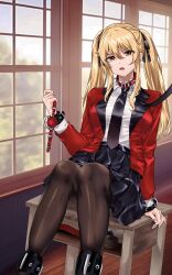 Rule 34 | 1girl, absurdres, ball gag, black necktie, black pantyhose, black ribbon, blonde hair, breasts, brown eyes, collar, collared shirt, drawfagmona, gag, highres, indoors, kakegurui, large breasts, leash, long hair, looking at viewer, low twintails, necktie, on table, open mouth, pantyhose, pleated skirt, ribbon, saotome mary, school uniform, shirt, sitting, skirt, solo, table, teeth, twintails, upper teeth only, very long hair, white shirt, window